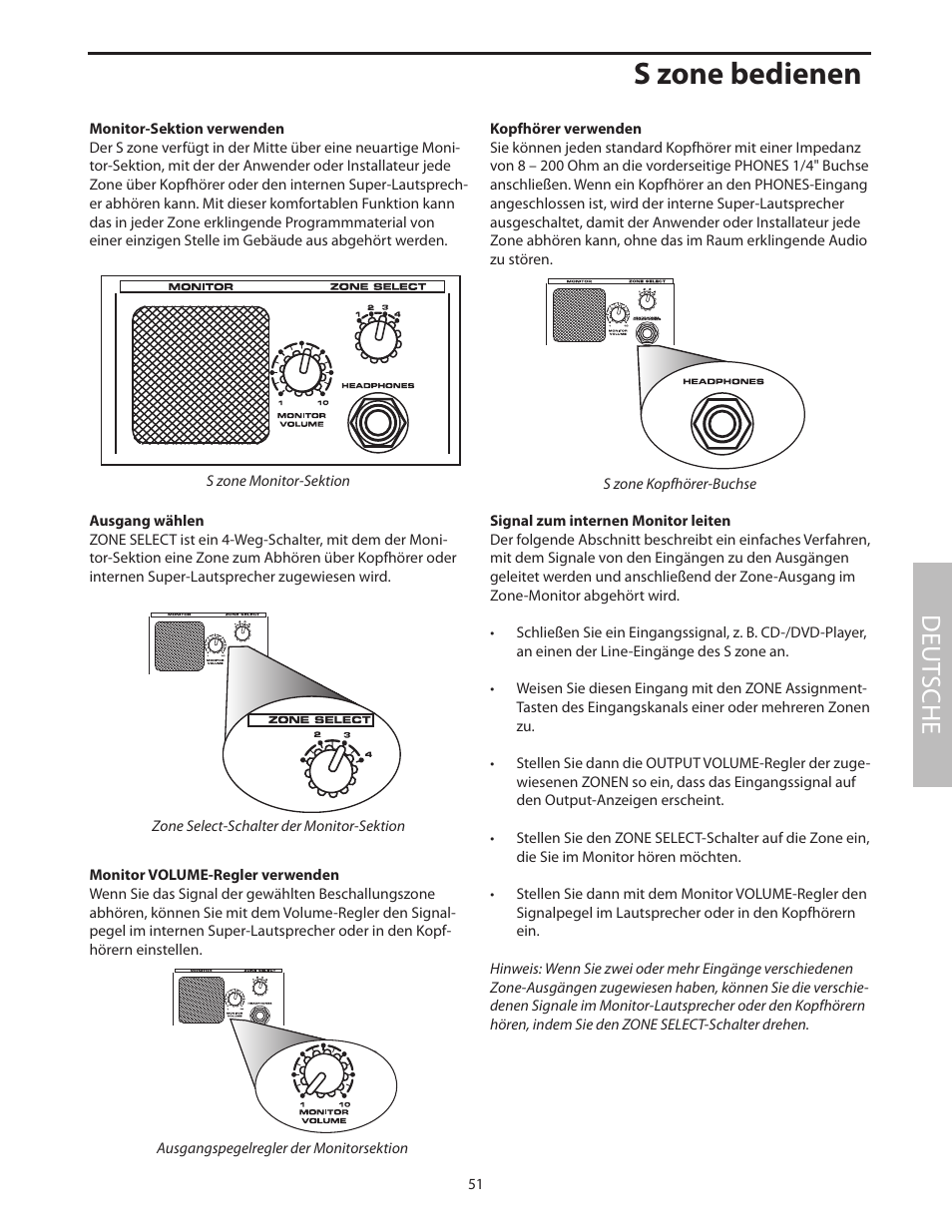 Monitor-sektion verwenden, S zone bedienen, Deut sche | Samson SZONE 4 Channel/4 Zone Stereo Mixer User Manual | Page 55 / 108