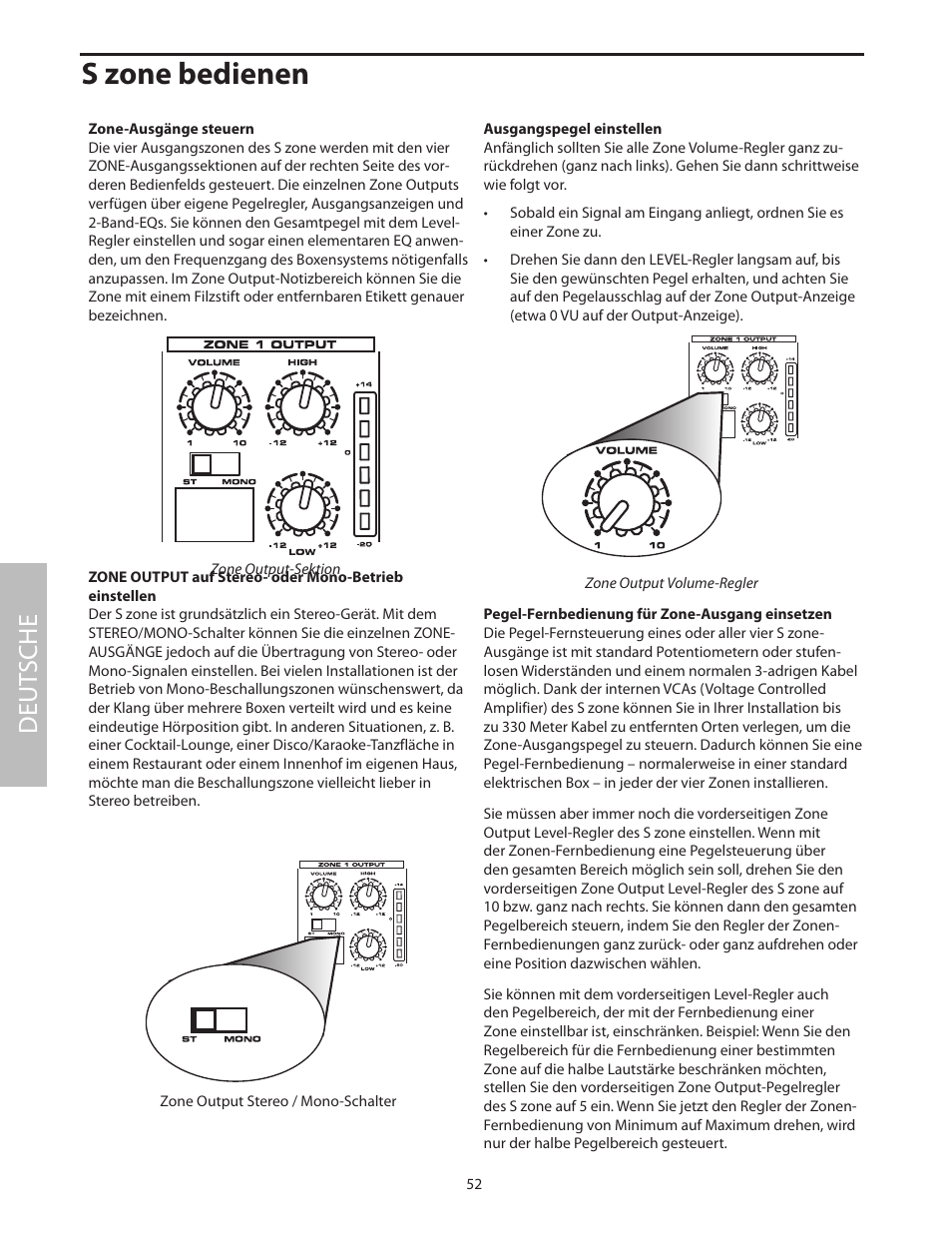 Zone-ausgänge steuern, Pegel-fernbedienung für zone-ausgang einsetzen, S zone bedienen | Deut sche | Samson SZONE 4 Channel/4 Zone Stereo Mixer User Manual | Page 56 / 108