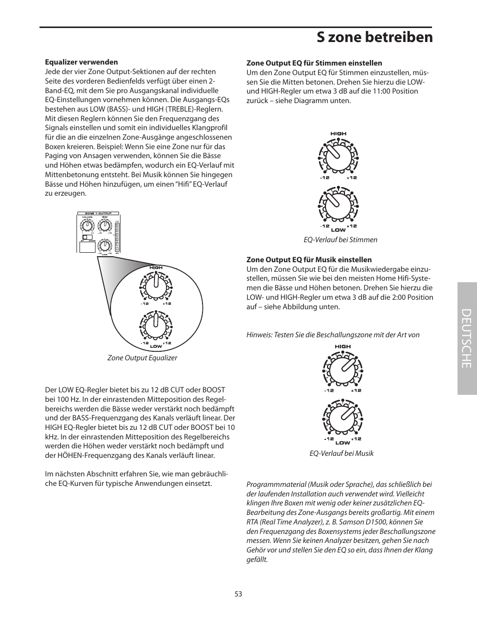 Equalizer verwenden, S zone betreiben, Deut sche | Samson SZONE 4 Channel/4 Zone Stereo Mixer User Manual | Page 57 / 108