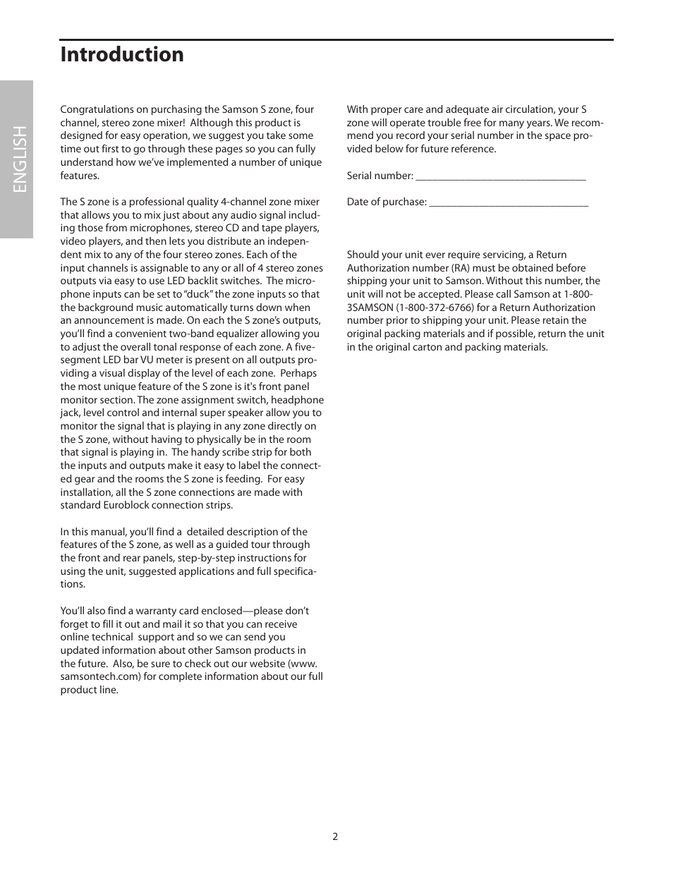 Introduction, English | Samson SZONE 4 Channel/4 Zone Stereo Mixer User Manual | Page 6 / 108