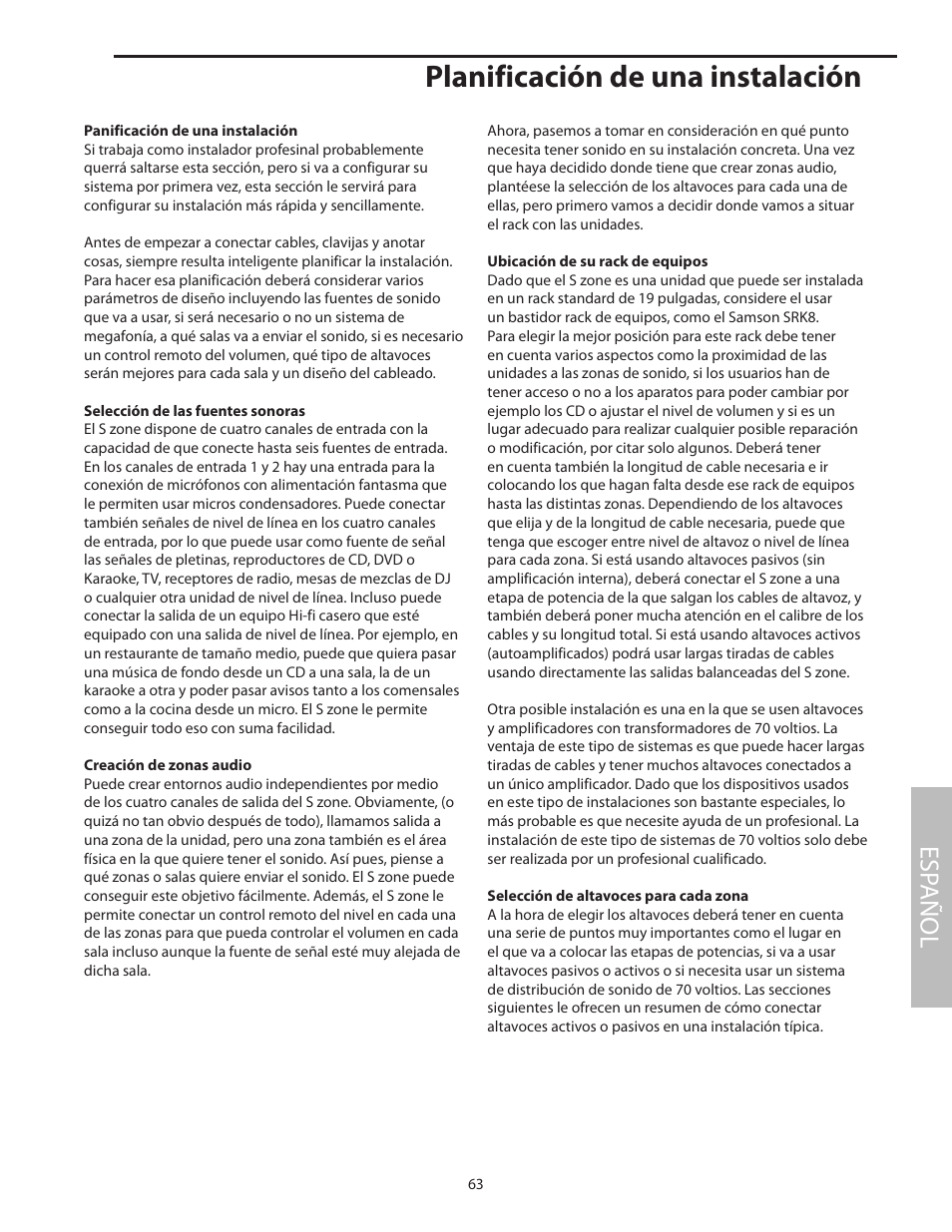Planificación de una instalación, Esp añol | Samson SZONE 4 Channel/4 Zone Stereo Mixer User Manual | Page 67 / 108