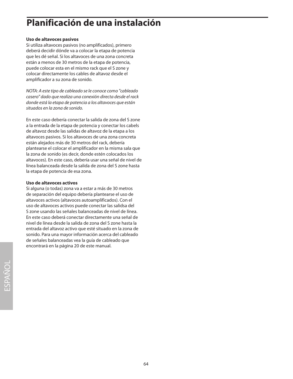 Planificación de una instalación, Esp añol | Samson SZONE 4 Channel/4 Zone Stereo Mixer User Manual | Page 68 / 108