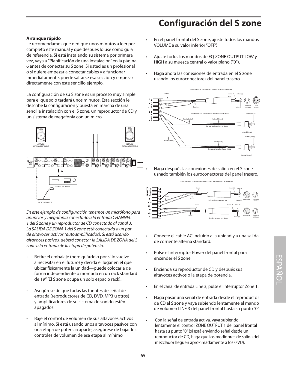 Arranque rápido, Configuración del s zone, Esp añol | Samson SZONE 4 Channel/4 Zone Stereo Mixer User Manual | Page 69 / 108