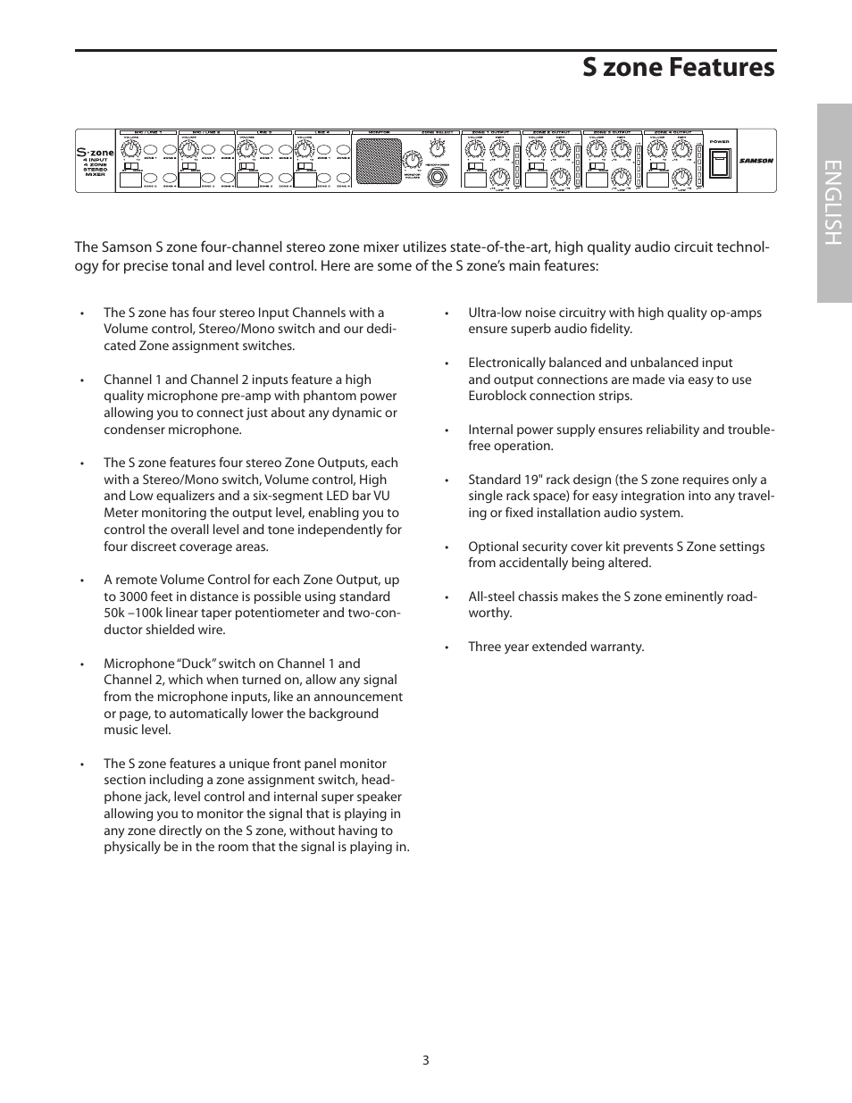 S zone features, English | Samson SZONE 4 Channel/4 Zone Stereo Mixer User Manual | Page 7 / 108