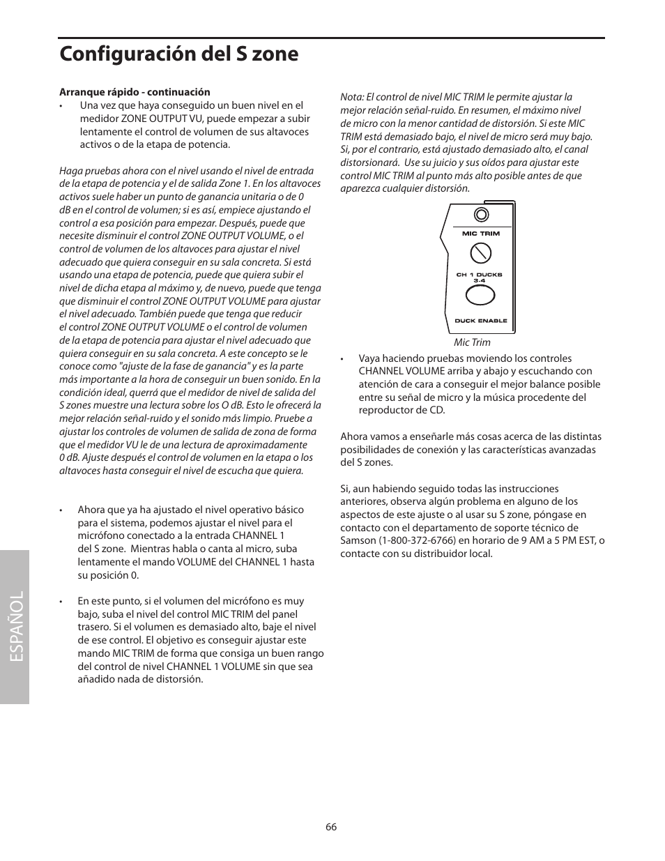 Configuración del s zone, Esp añol | Samson SZONE 4 Channel/4 Zone Stereo Mixer User Manual | Page 70 / 108