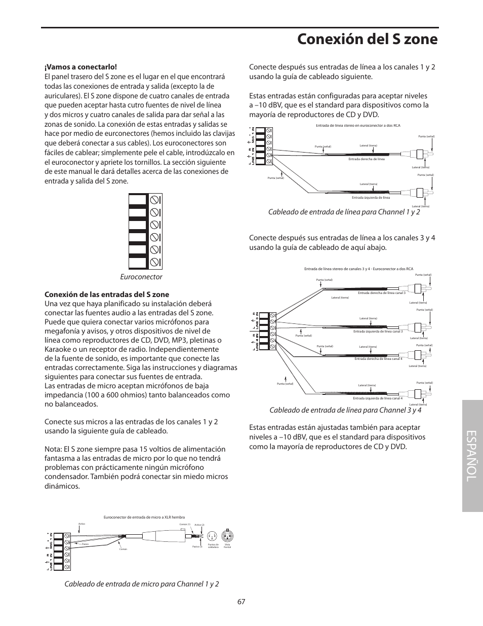 Conexión de las entradas del s zone, Conexión del s zone, Esp añol | Cableado de entrada de micro para channel 1 y 2 | Samson SZONE 4 Channel/4 Zone Stereo Mixer User Manual | Page 71 / 108