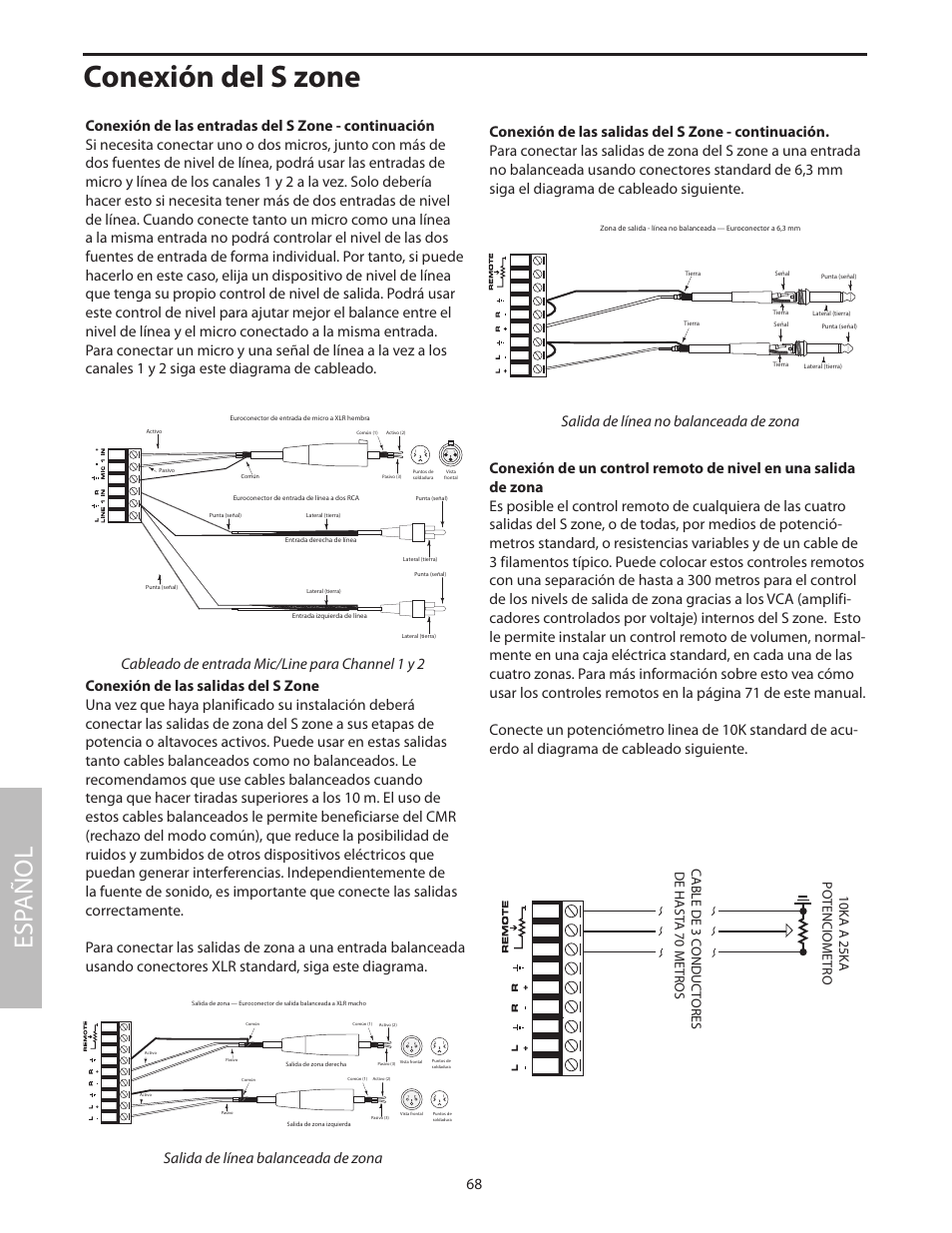 Conexión de las salidas del s zone, Conexión de las salidas del s zone - continuación, Conexión del s zone | Esp añol, Salida de línea balanceada de zona | Samson SZONE 4 Channel/4 Zone Stereo Mixer User Manual | Page 72 / 108