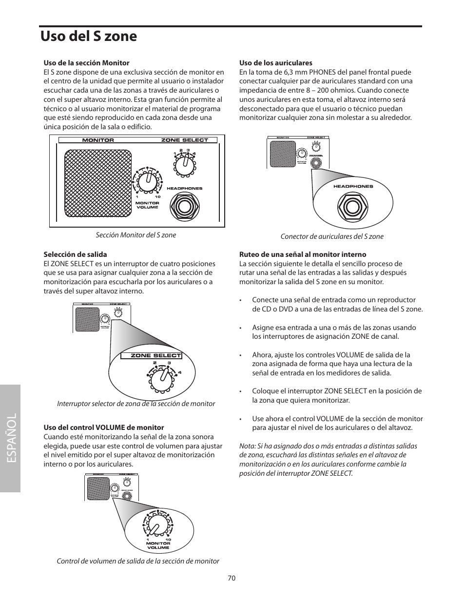 Uso de la sección monitor, Uso del s zone, Esp añol | Samson SZONE 4 Channel/4 Zone Stereo Mixer User Manual | Page 74 / 108