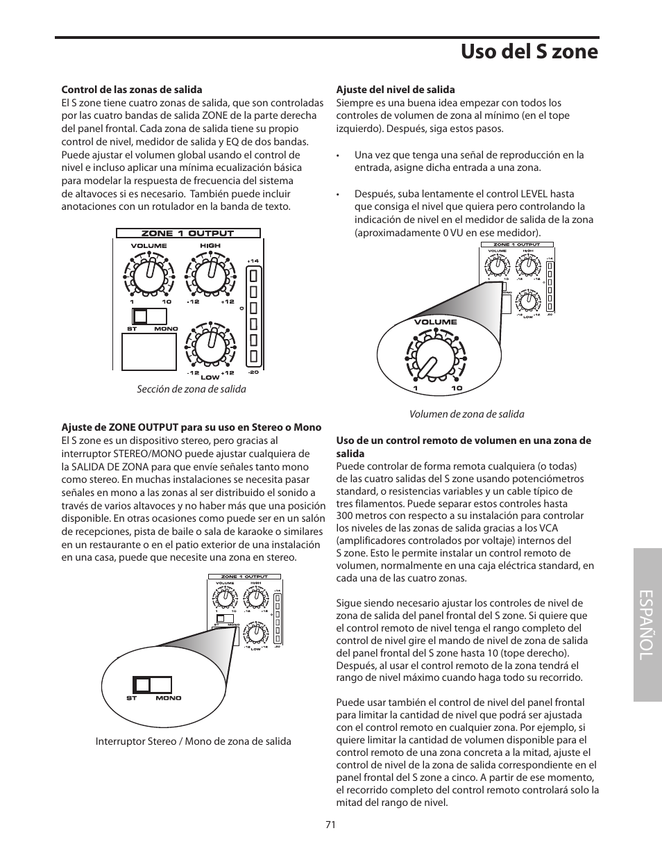 Control de las zonas de salida, Uso del s zone, Esp añol | Samson SZONE 4 Channel/4 Zone Stereo Mixer User Manual | Page 75 / 108