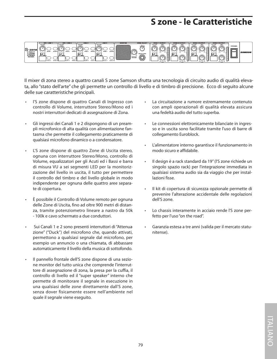 S zone - le caratteristiche, It aliano | Samson SZONE 4 Channel/4 Zone Stereo Mixer User Manual | Page 83 / 108