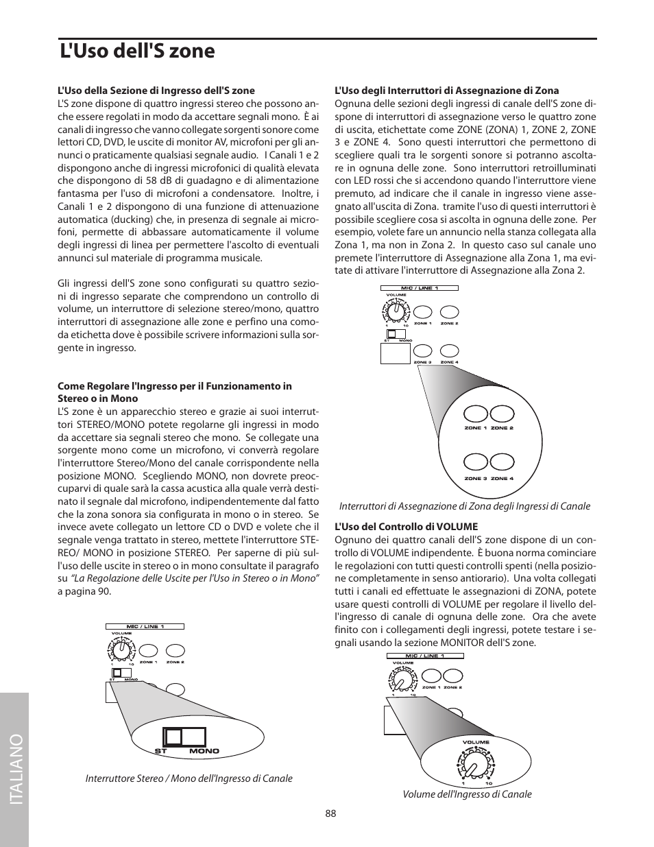 L'uso dell's zone, L'uso della sezione di ingresso dell's zone, It aliano | Samson SZONE 4 Channel/4 Zone Stereo Mixer User Manual | Page 92 / 108
