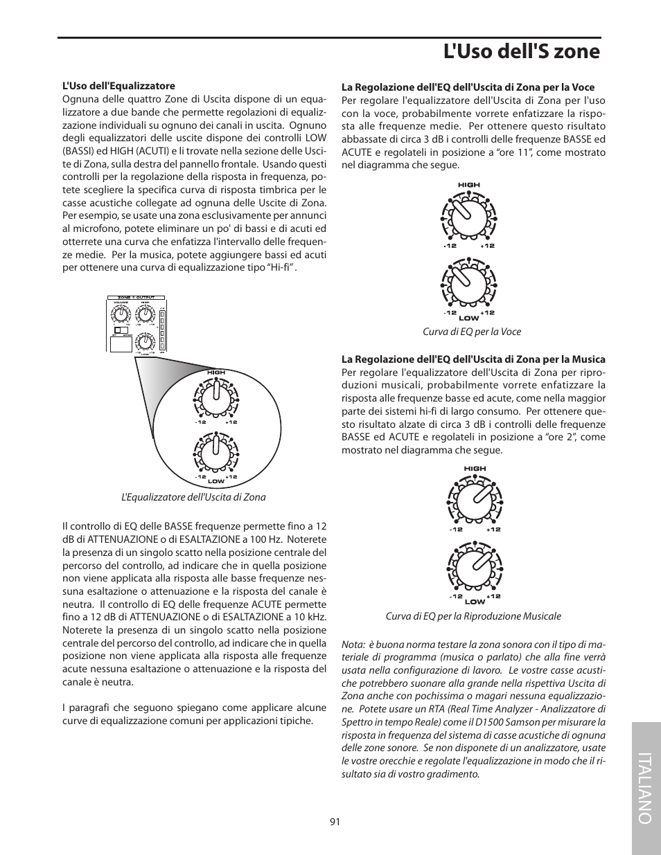 L'uso dell'equalizzatore, L'uso dell's zone, It aliano | Samson SZONE 4 Channel/4 Zone Stereo Mixer User Manual | Page 95 / 108