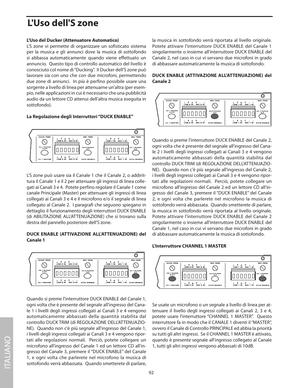 L'uso del ducker (attenuatore automatico), L'uso dell's zone, It aliano | Samson SZONE 4 Channel/4 Zone Stereo Mixer User Manual | Page 96 / 108