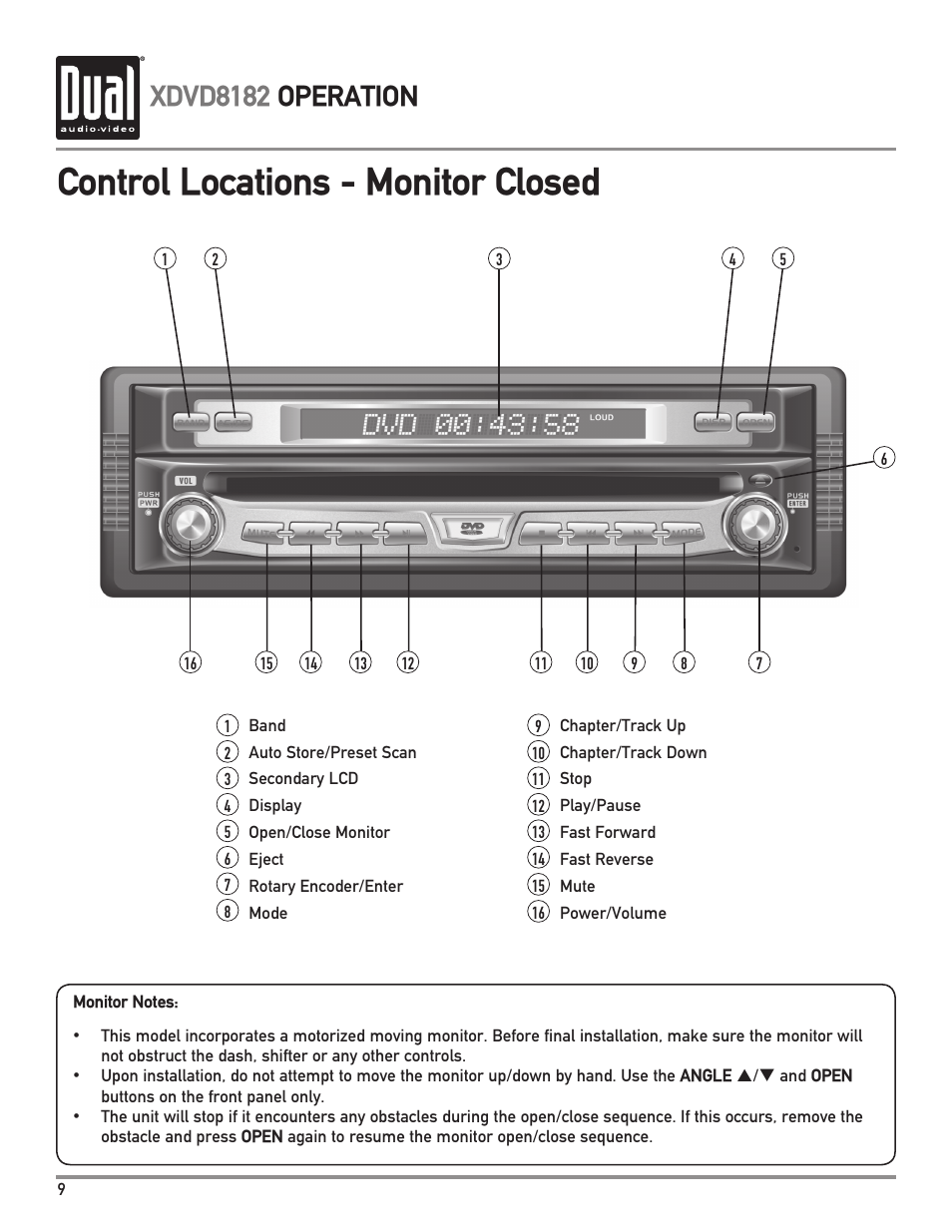 Control locations - monitor closed, Xdvd8182 operation | Dual XDVD8182 User Manual | Page 10 / 60