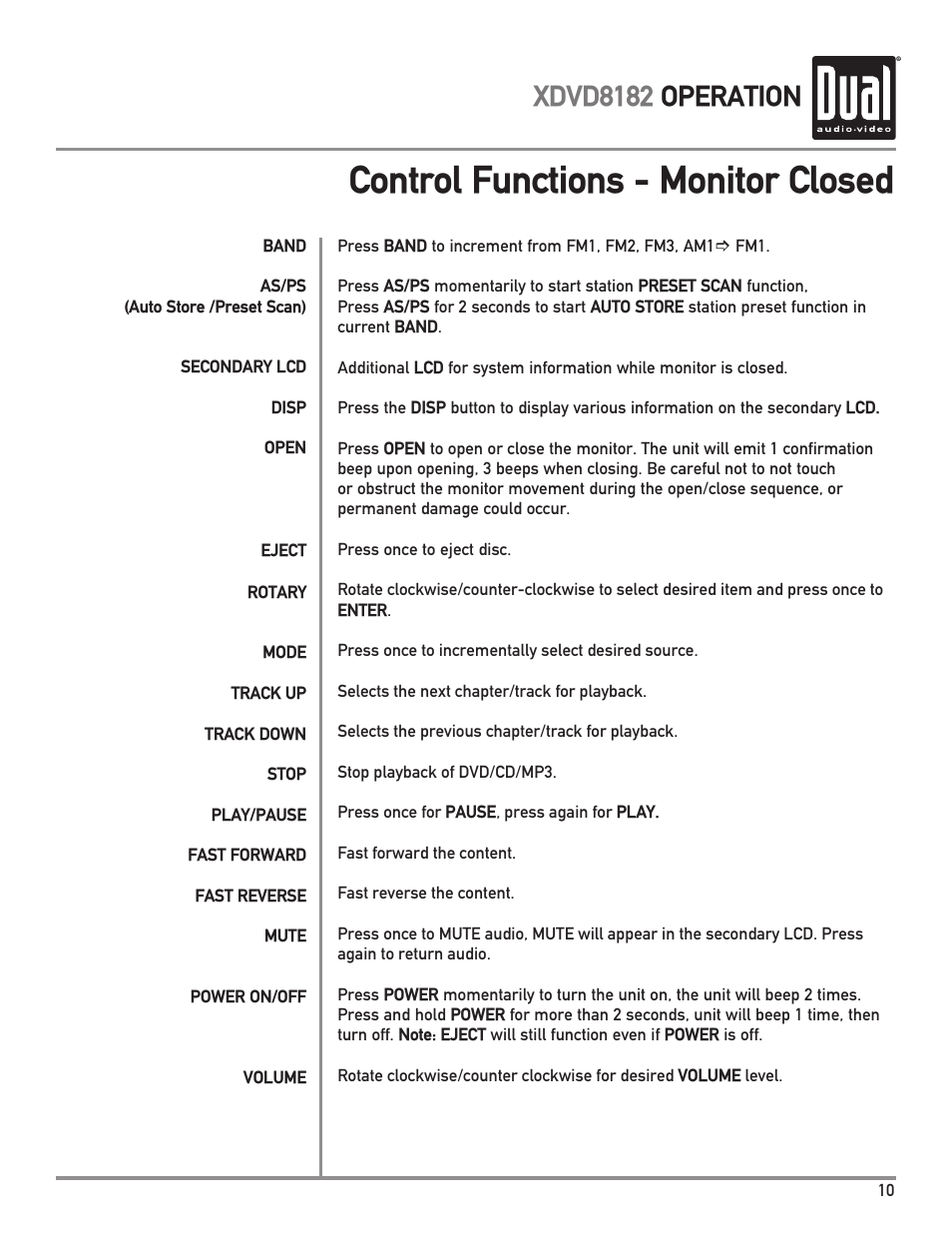 Control functions - monitor closed, Xdvd8182 operation | Dual XDVD8182 User Manual | Page 11 / 60