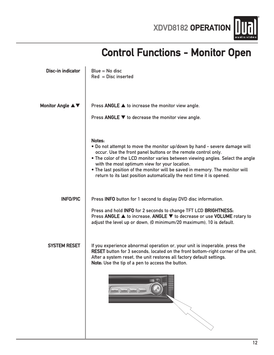 Control functions - monitor open, Xdvd8182 operation | Dual XDVD8182 User Manual | Page 13 / 60