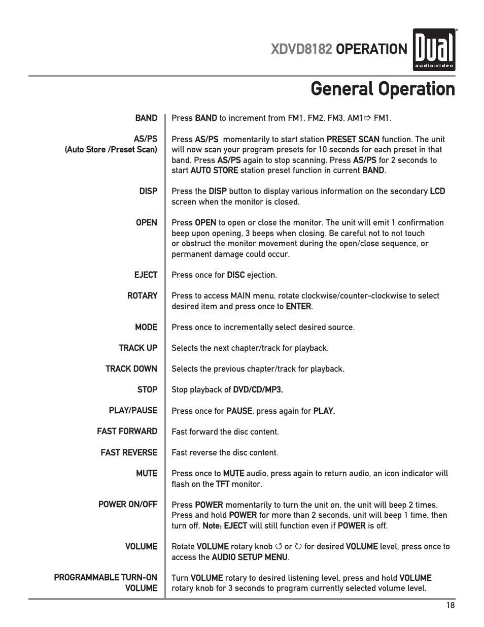 General operation, Xdvd8182 operation | Dual XDVD8182 User Manual | Page 19 / 60