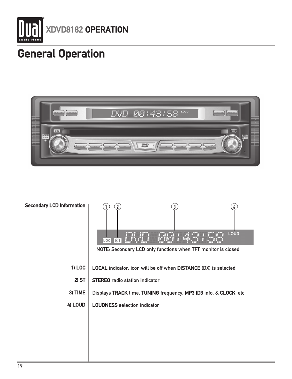 General operation, Xdvd8182 operation | Dual XDVD8182 User Manual | Page 20 / 60