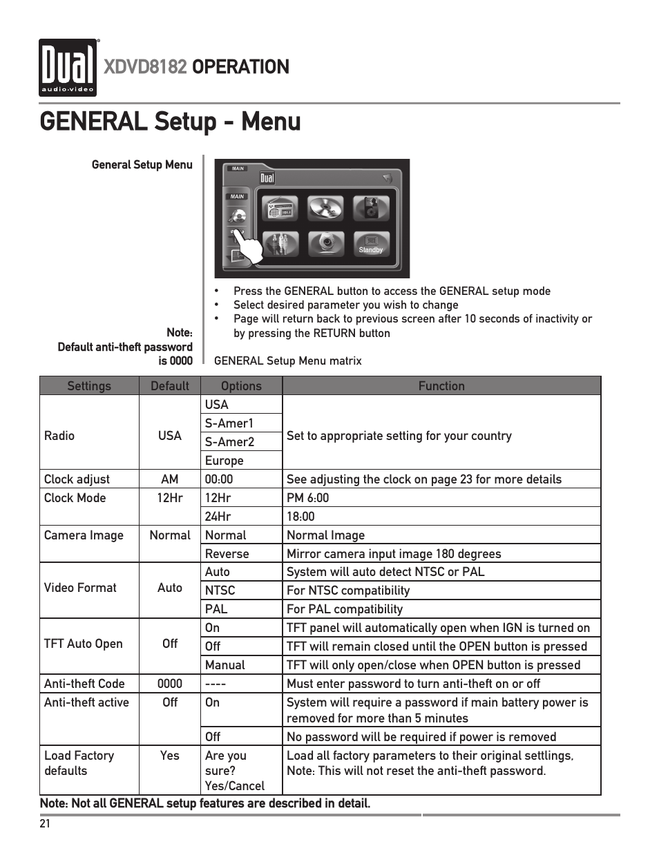 General setup - menu, Xdvd8182 operation | Dual XDVD8182 User Manual | Page 22 / 60