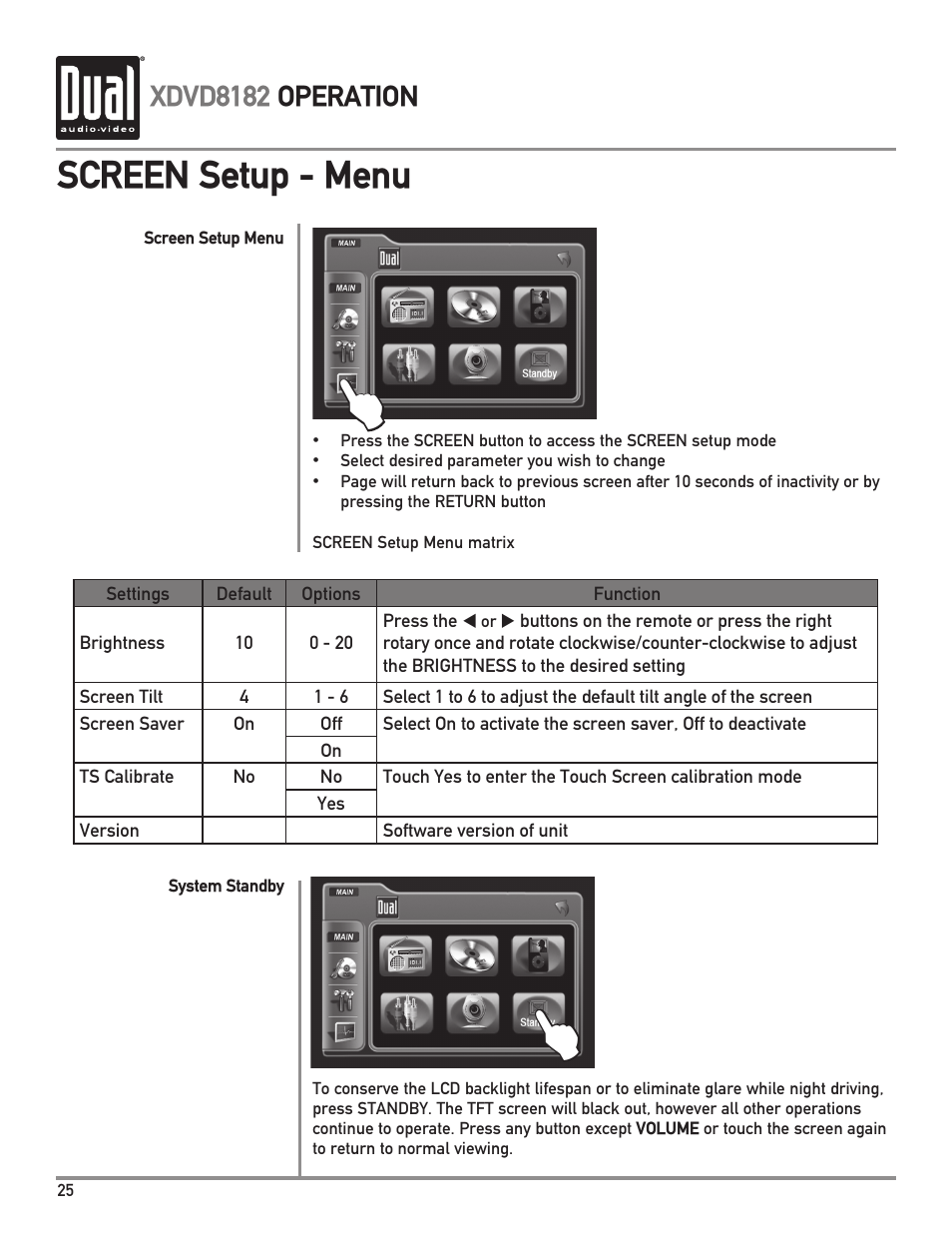 Screen setup - menu, Xdvd8182 operation | Dual XDVD8182 User Manual | Page 26 / 60