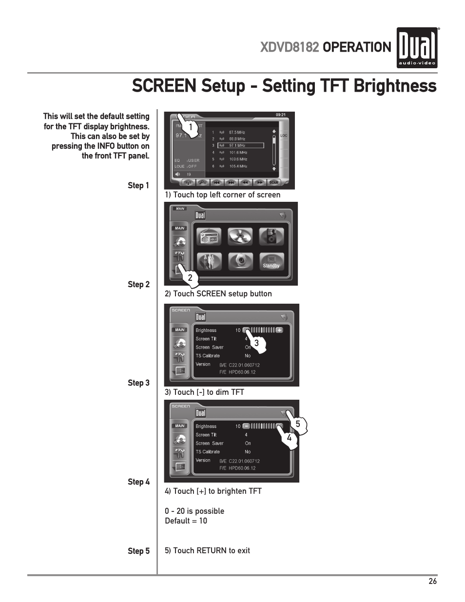 Screen setup - setting tft brightness | Dual XDVD8182 User Manual | Page 27 / 60