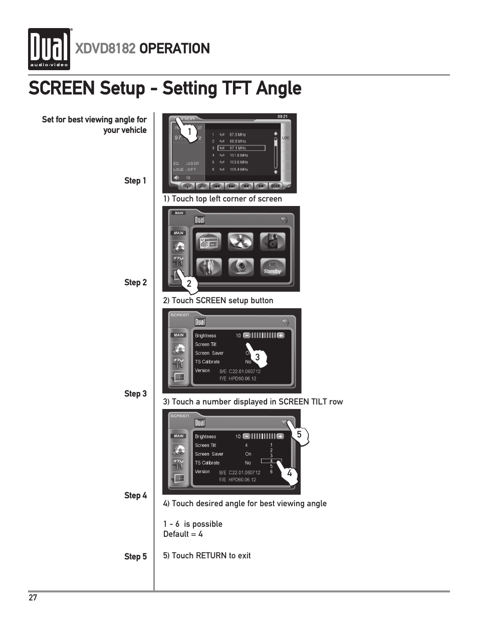 Screen setup - setting tft angle | Dual XDVD8182 User Manual | Page 28 / 60