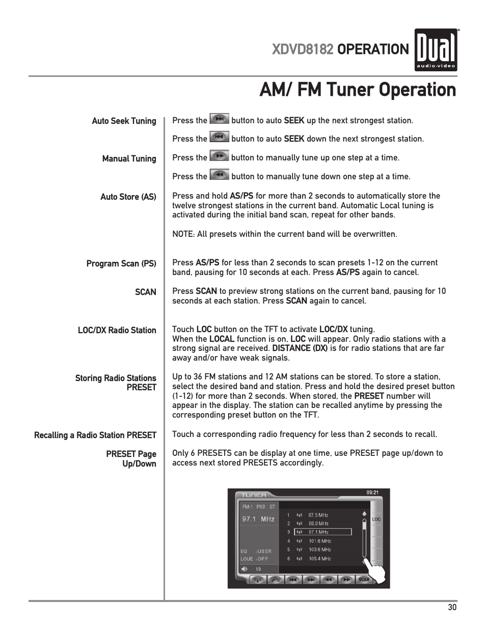 Am/ fm tuner operation, Xdvd8182 operation | Dual XDVD8182 User Manual | Page 31 / 60