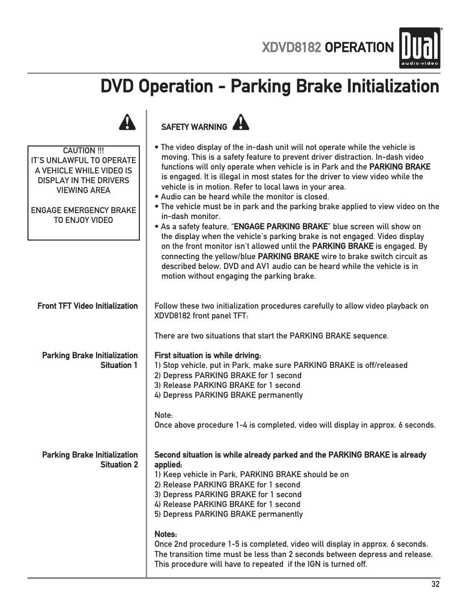 Dvd operation - parking brake initialization, Xdvd8182 operation | Dual XDVD8182 User Manual | Page 33 / 60