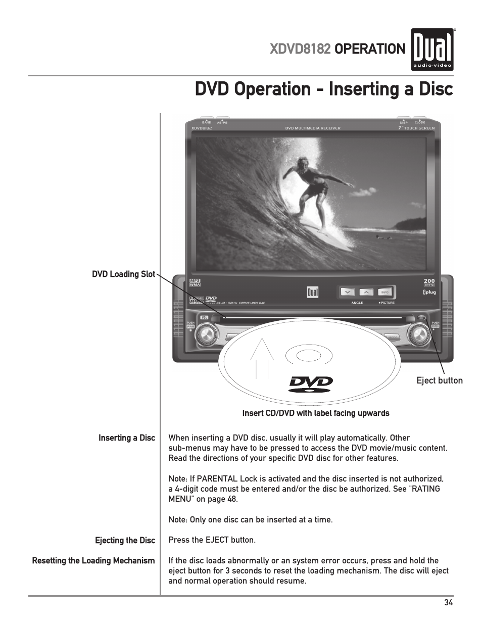 Dvd operation - inserting a disc, Xdvd8182 operation | Dual XDVD8182 User Manual | Page 35 / 60