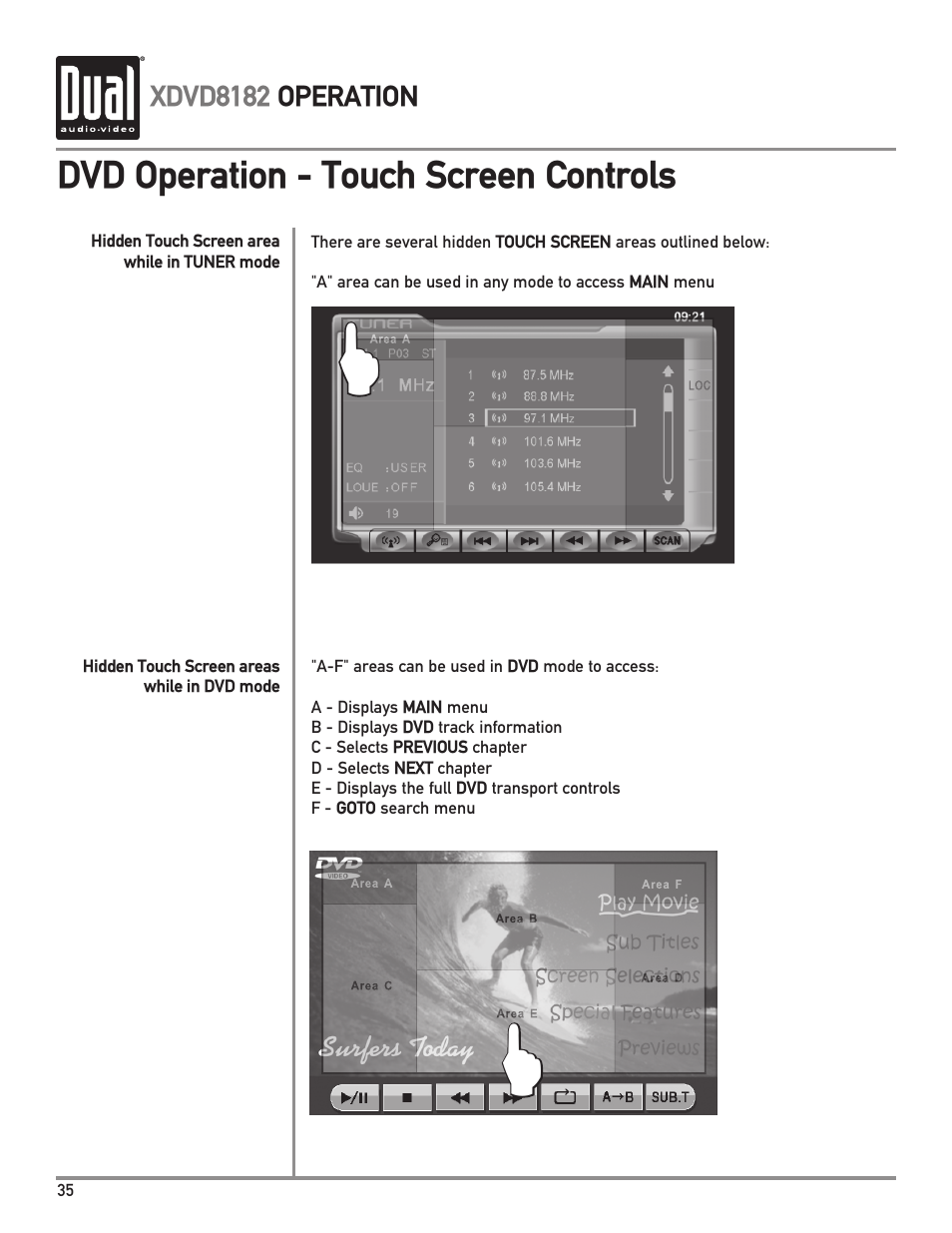 Dvd operation - touch screen controls | Dual XDVD8182 User Manual | Page 36 / 60