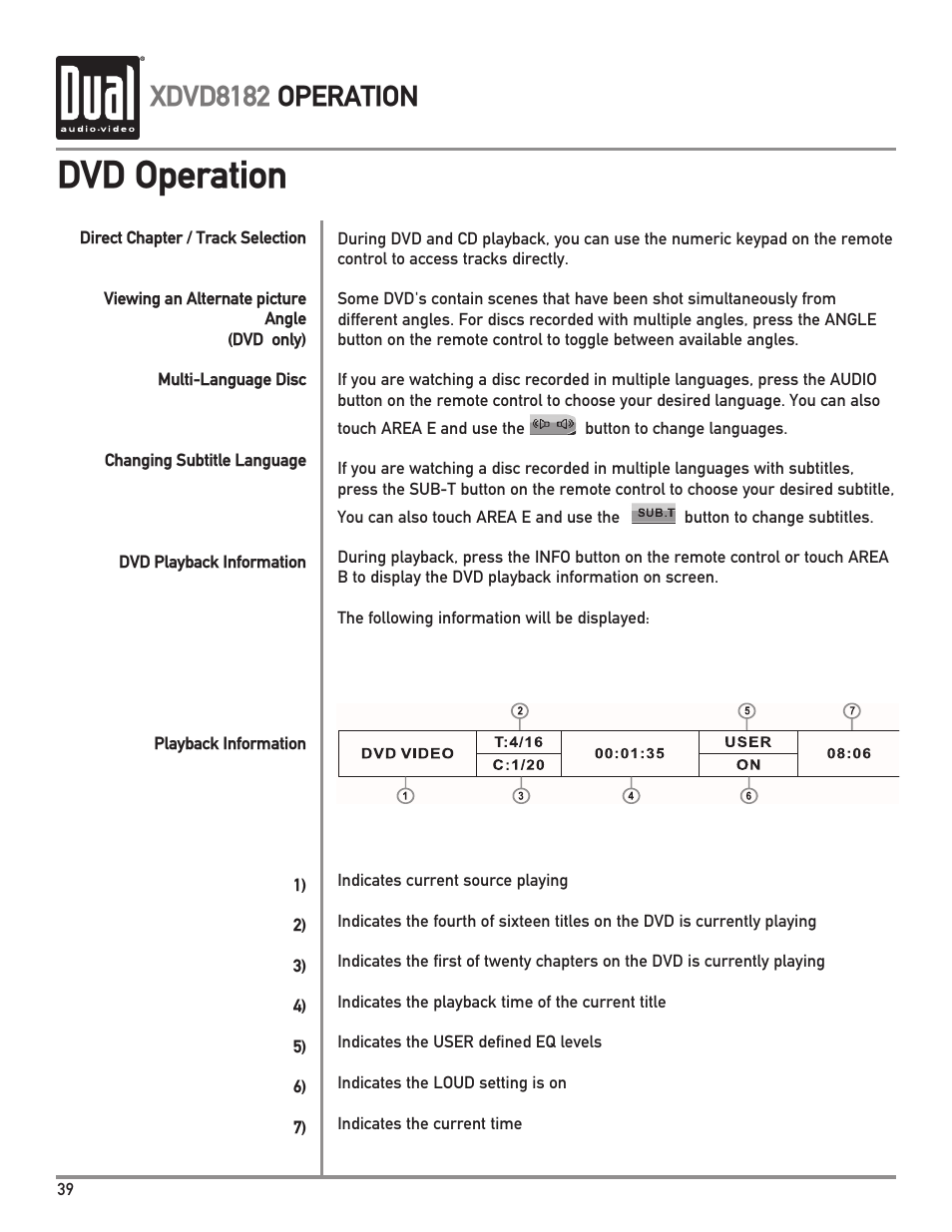 Dvd operation, Xdvd8182 operation | Dual XDVD8182 User Manual | Page 40 / 60