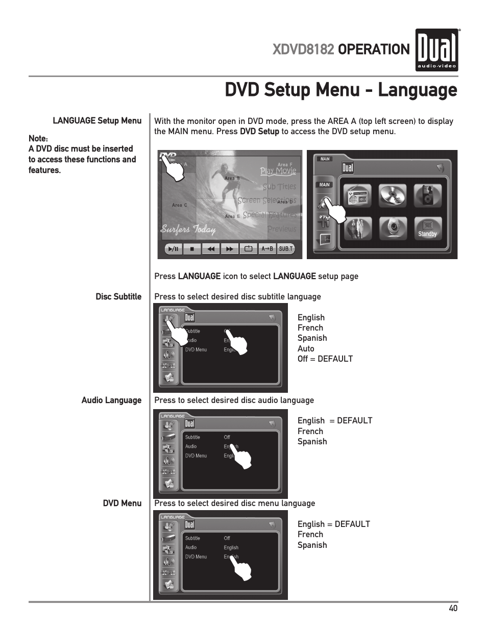 L l l l, Dvd setup menu - language, Xdvd8182 operation | Dual XDVD8182 User Manual | Page 41 / 60