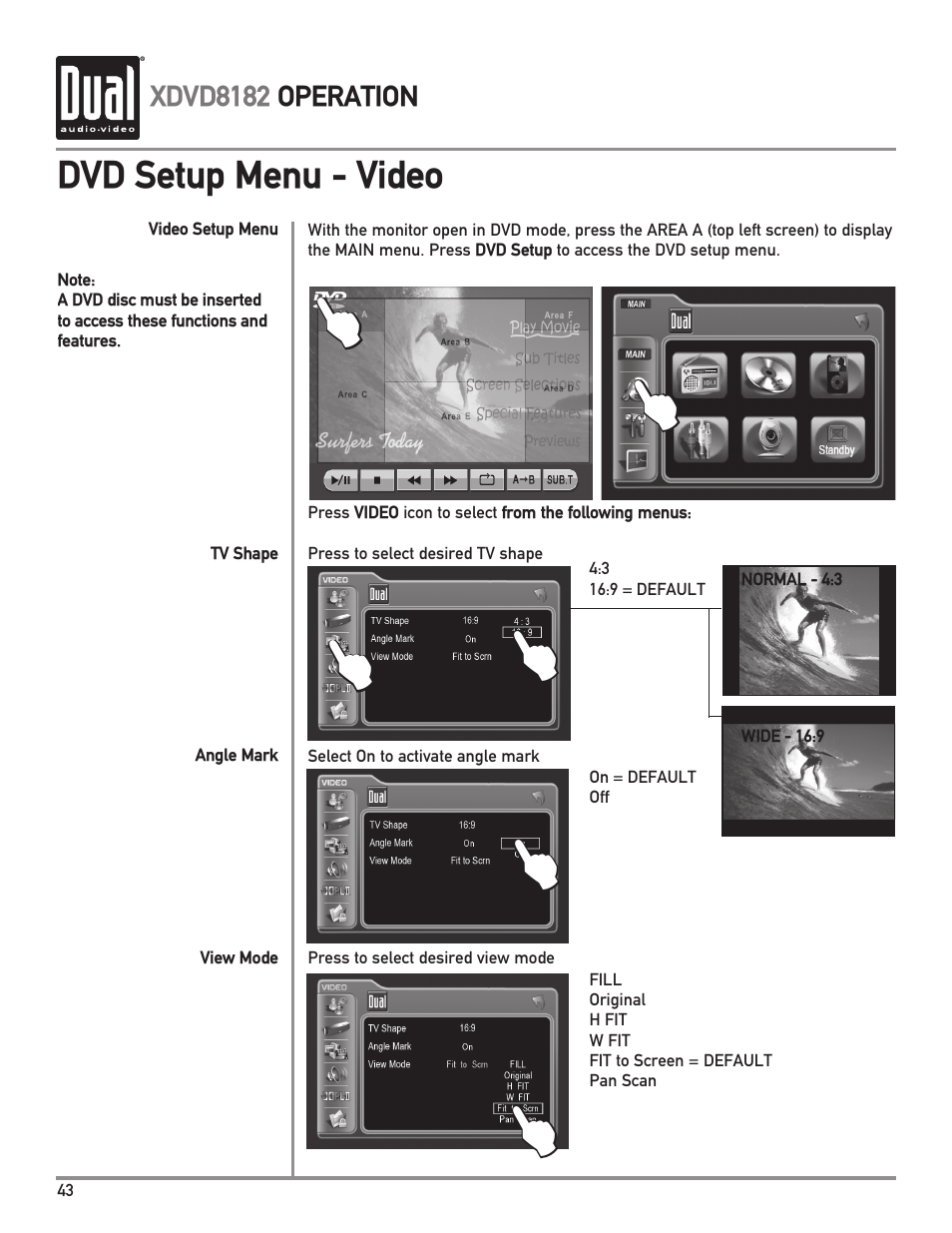 Dvd setup menu - video | Dual XDVD8182 User Manual | Page 44 / 60