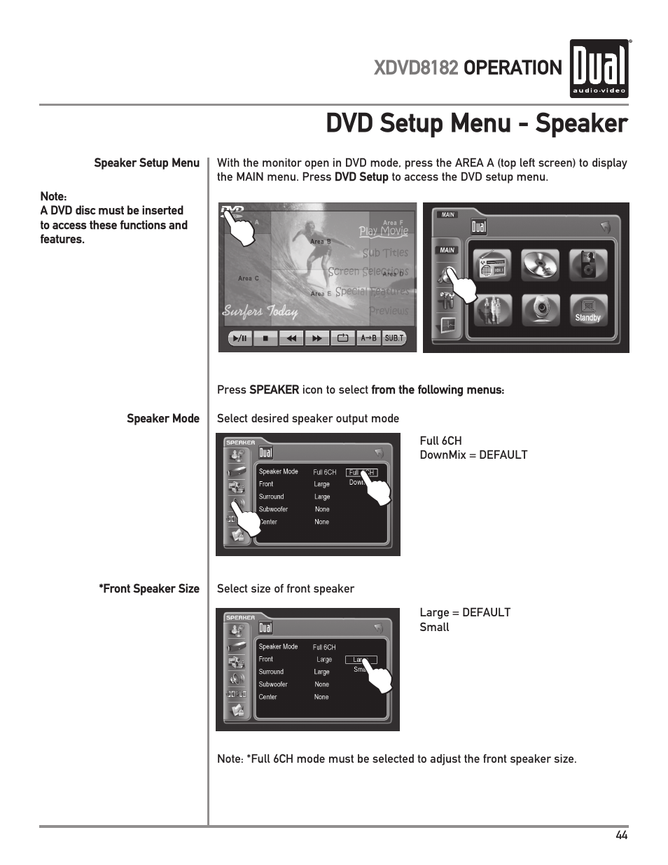Dvd setup menu - speaker | Dual XDVD8182 User Manual | Page 45 / 60