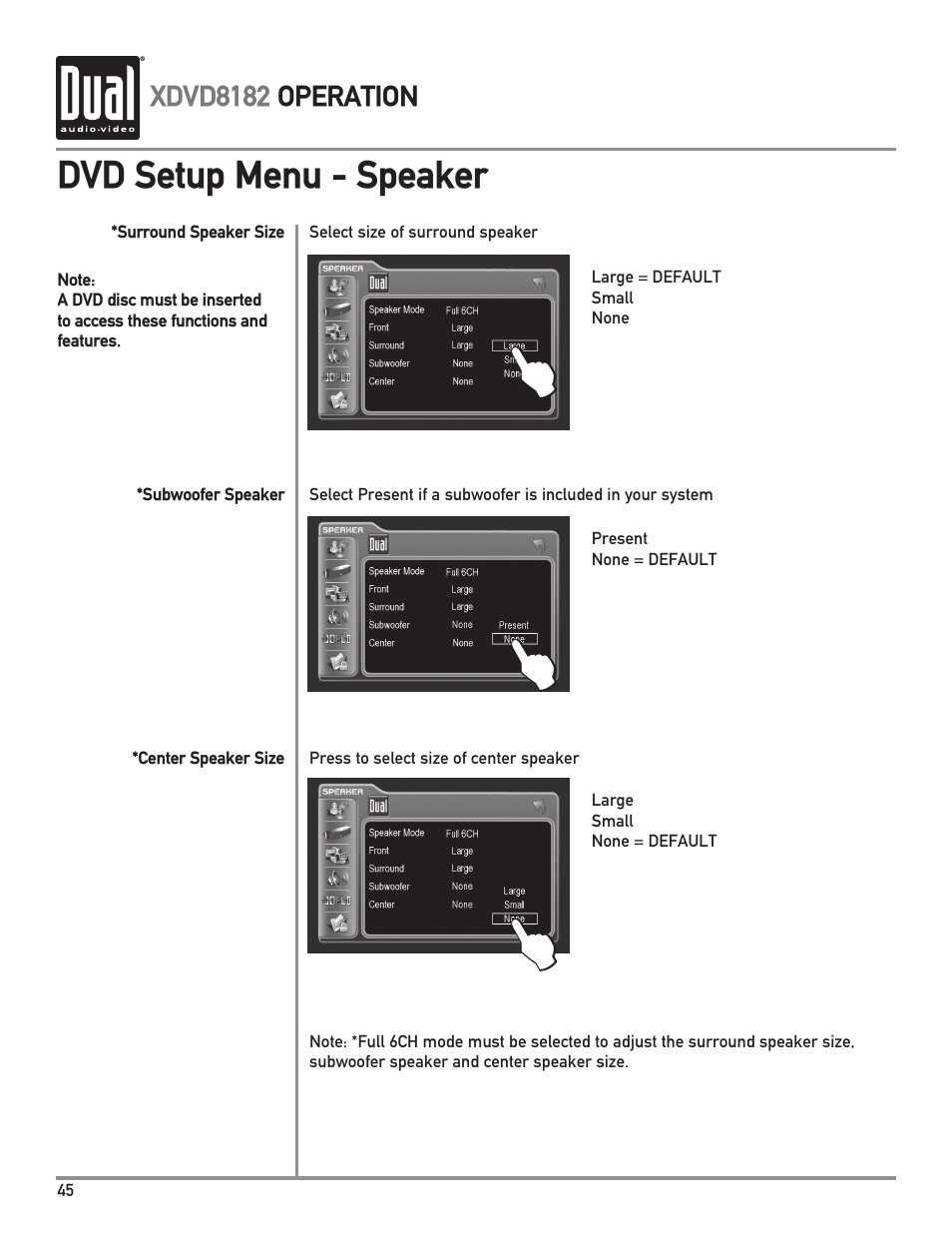 Dvd setup menu - speaker | Dual XDVD8182 User Manual | Page 46 / 60