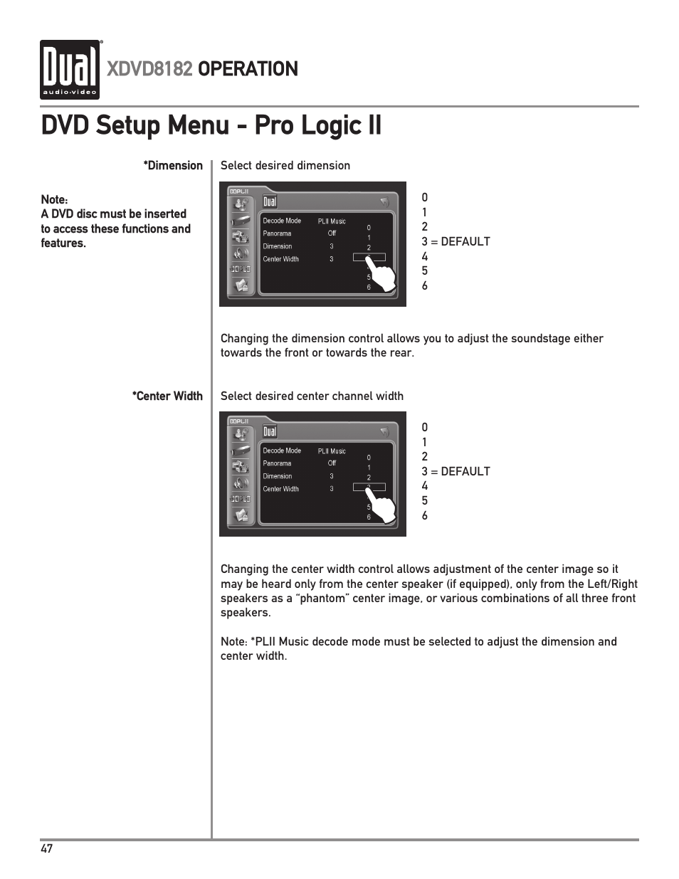 Dvd setup menu - pro logic ii | Dual XDVD8182 User Manual | Page 48 / 60