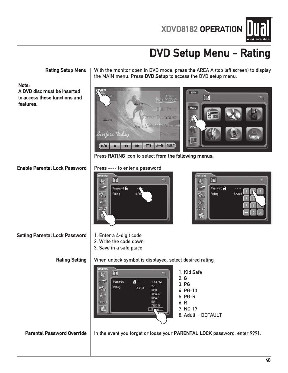 Dvd setup menu - rating, Xdvd8182 operation | Dual XDVD8182 User Manual | Page 49 / 60