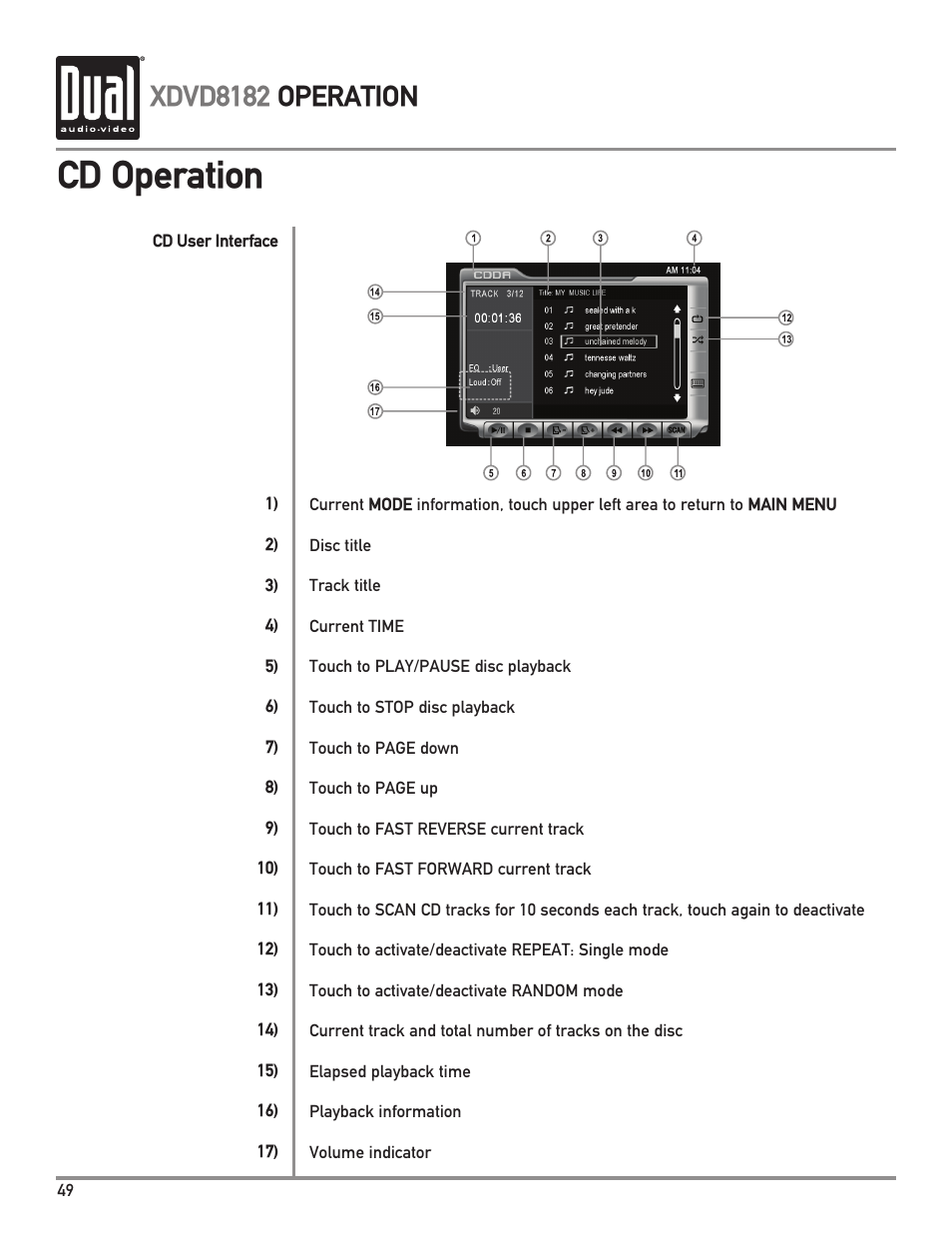 Cd operation, Xdvd8182 operation | Dual XDVD8182 User Manual | Page 50 / 60