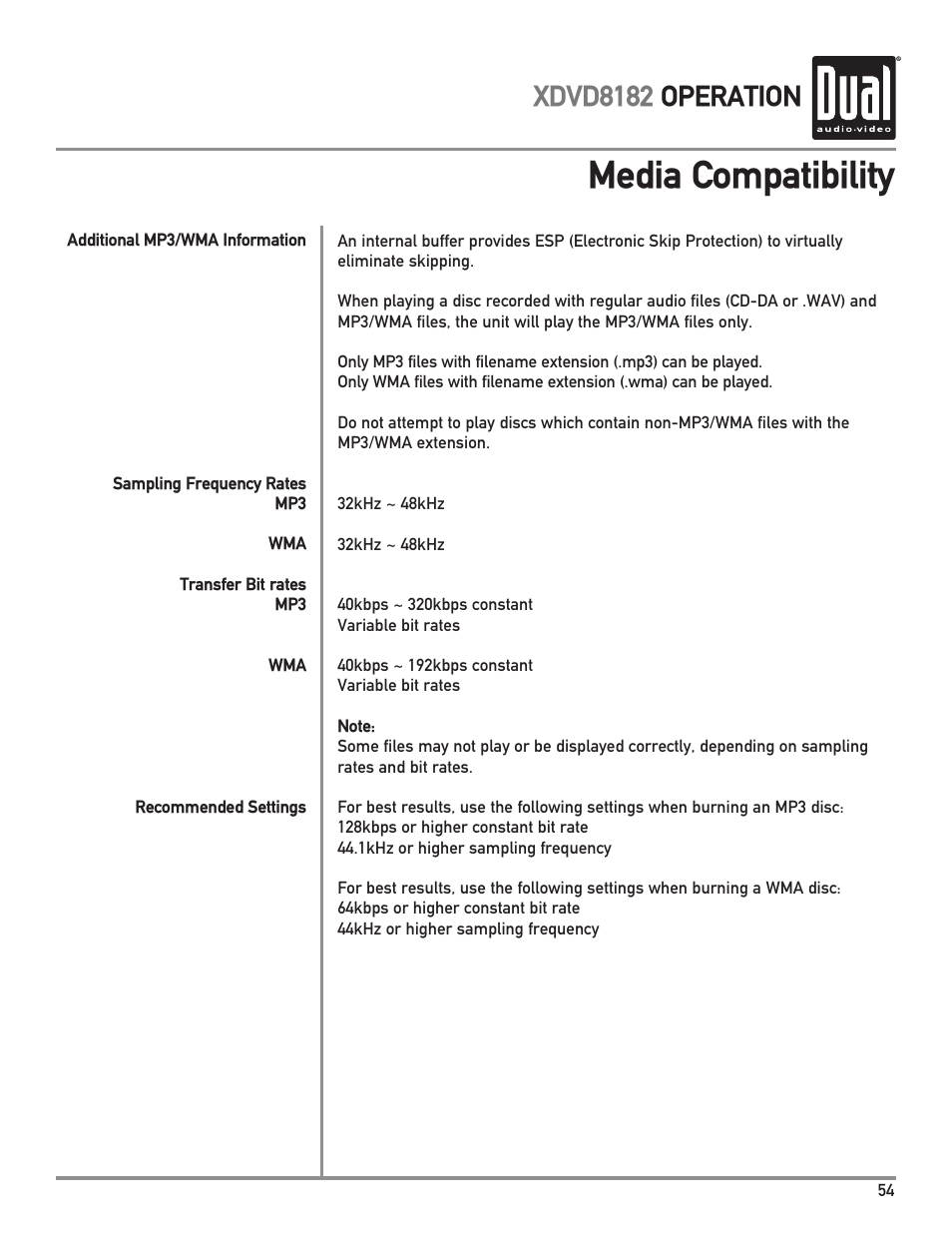 Media compatibility, Xdvd8182 operation | Dual XDVD8182 User Manual | Page 55 / 60