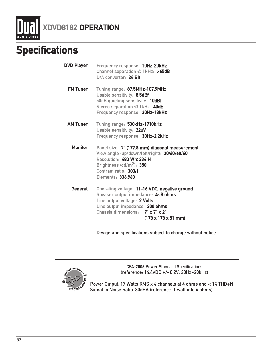 Specifications, Xdvd8182 operation | Dual XDVD8182 User Manual | Page 58 / 60