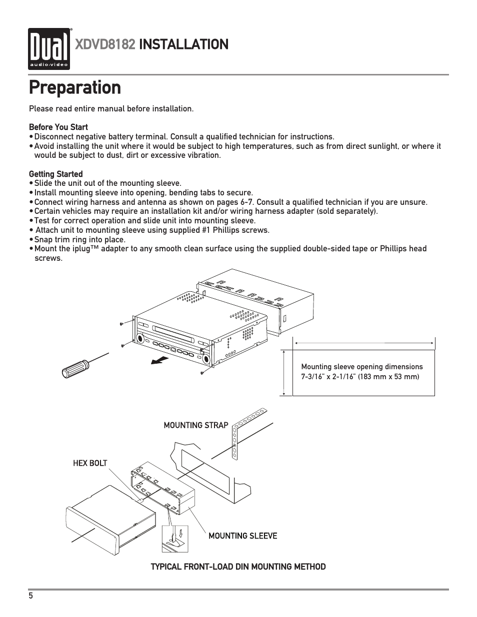 Preparation, Xdvd8182 installation | Dual XDVD8182 User Manual | Page 6 / 60