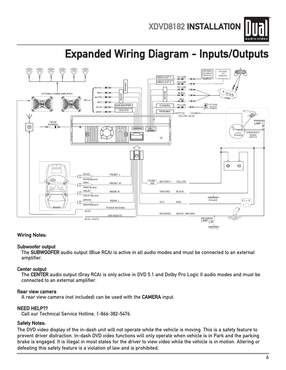 Expanded wiring diagram - inputs/outputs, Xdvd8182 installation | Dual XDVD8182 User Manual | Page 7 / 60