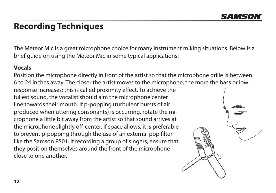 Recording techniques | Samson Meteor Mic USB Studio Condenser Microphone (White) User Manual | Page 16 / 24