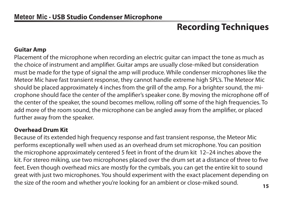 Recording techniques | Samson Meteor Mic USB Studio Condenser Microphone (White) User Manual | Page 19 / 24