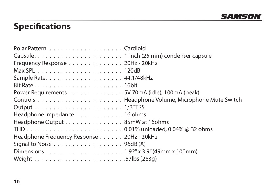 Specifications | Samson Meteor Mic USB Studio Condenser Microphone (White) User Manual | Page 20 / 24