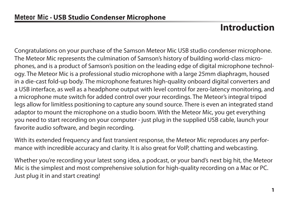 Introduction | Samson Meteor Mic USB Studio Condenser Microphone (White) User Manual | Page 5 / 24