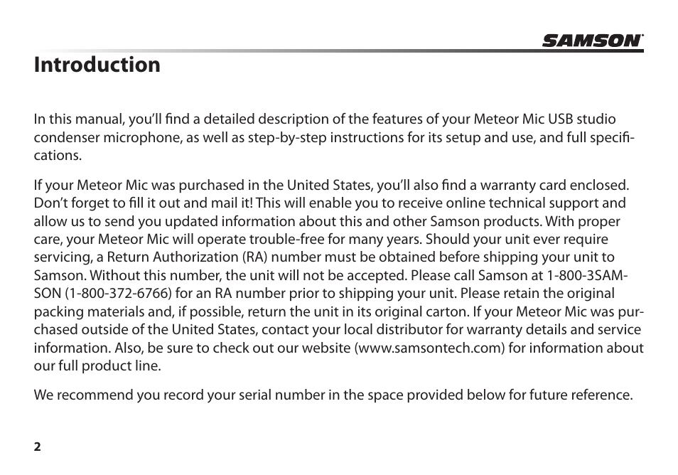 Introduction | Samson Meteor Mic USB Studio Condenser Microphone (White) User Manual | Page 6 / 24