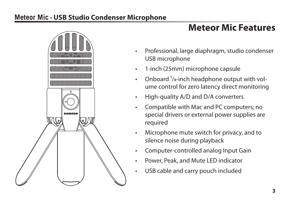 Meteor mic features | Samson Meteor Mic USB Studio Condenser Microphone (White) User Manual | Page 7 / 24