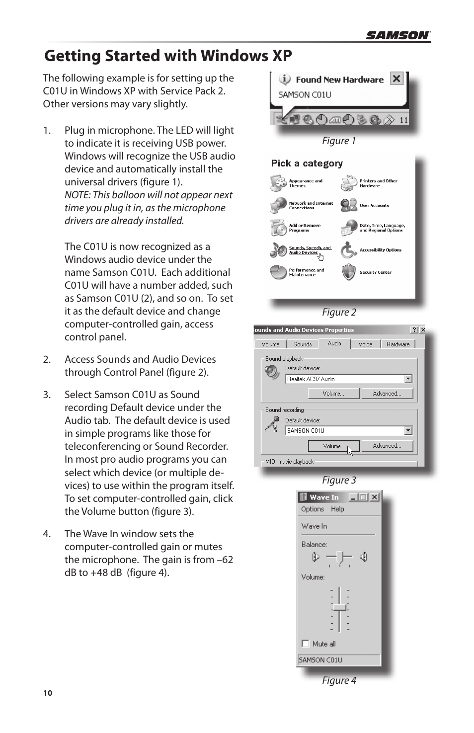 Getting started with windows xp | Samson C01U Pro USB Studio Condenser Microphone (Silver) User Manual | Page 10 / 64