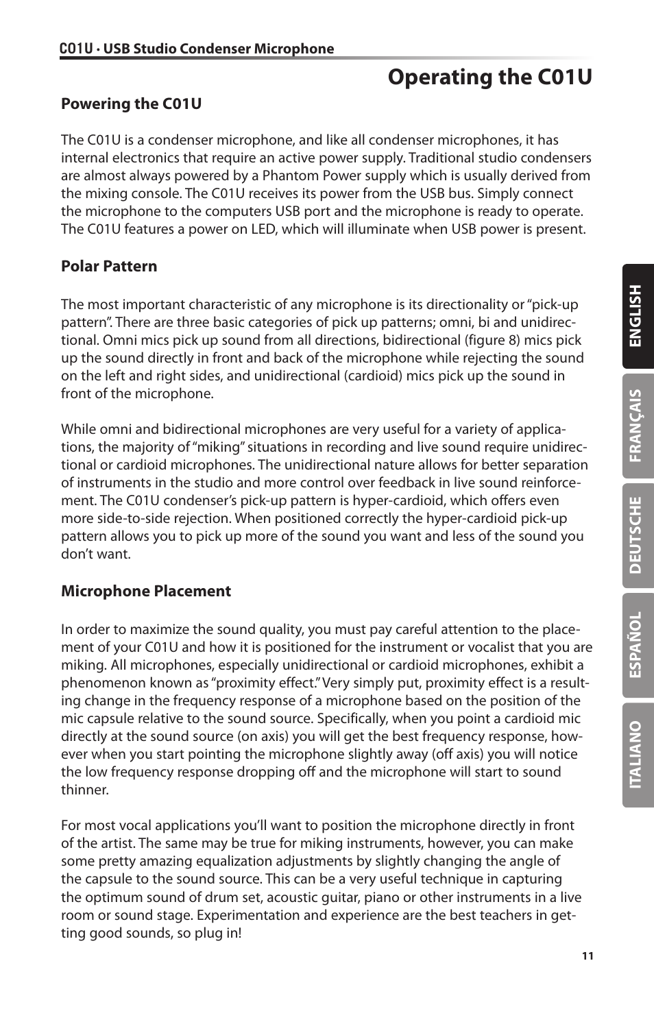 Operating the c01u | Samson C01U Pro USB Studio Condenser Microphone (Silver) User Manual | Page 11 / 64